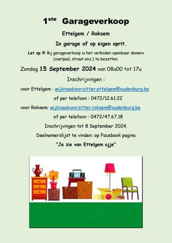 1ste Garage verkoop Ettelgem/ Roksem op 15 sept 2024